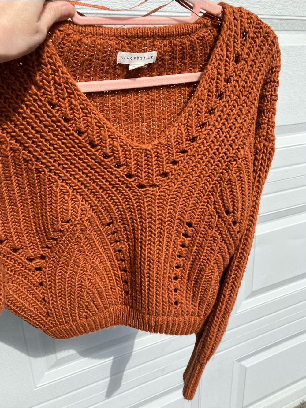 Aeropostale Women's V-Neck Cropped Chunky Knit Sweater - Burnt Orange